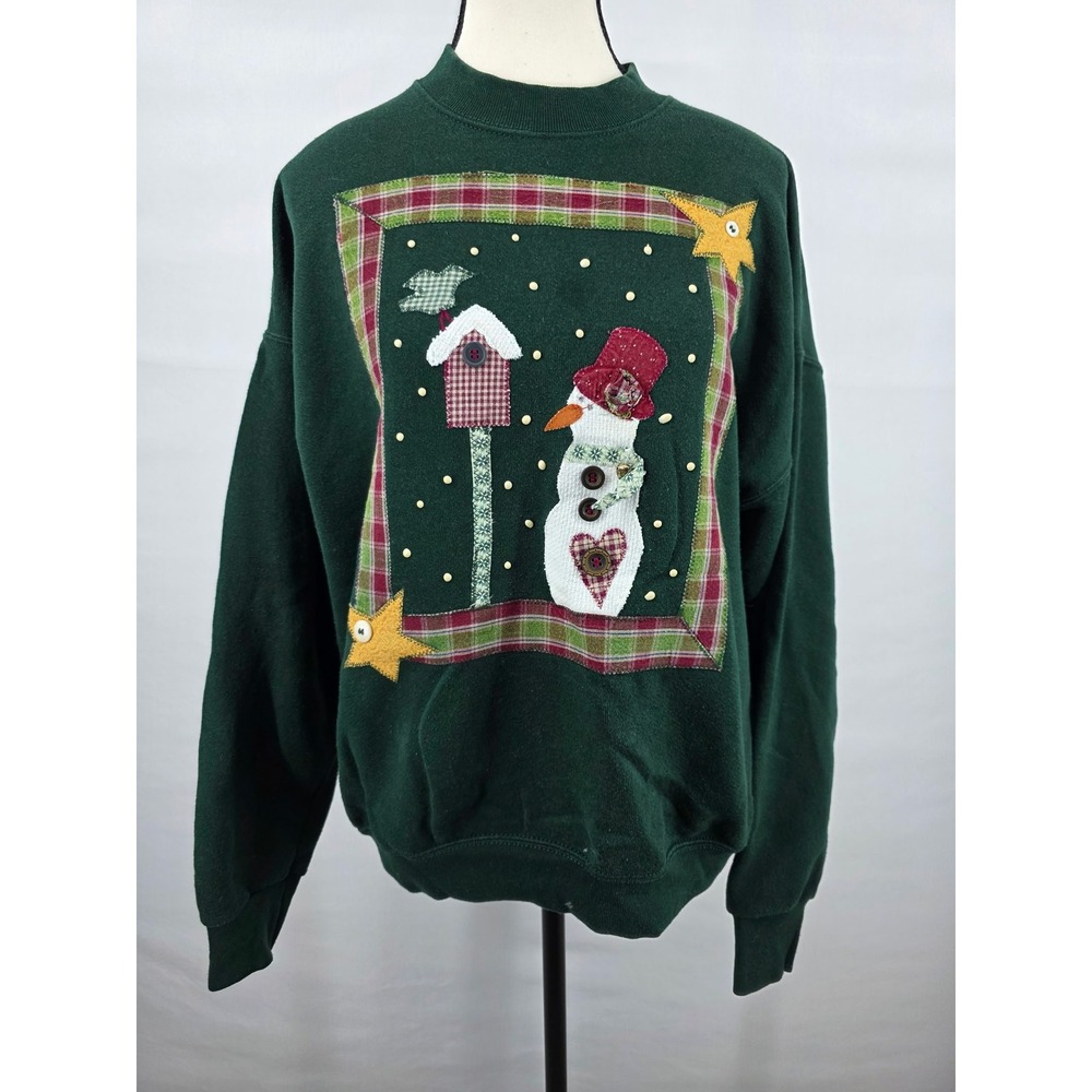 Vintage Fruit of the Loom Snowman Holiday Sweatshirt Green Large Made in USA